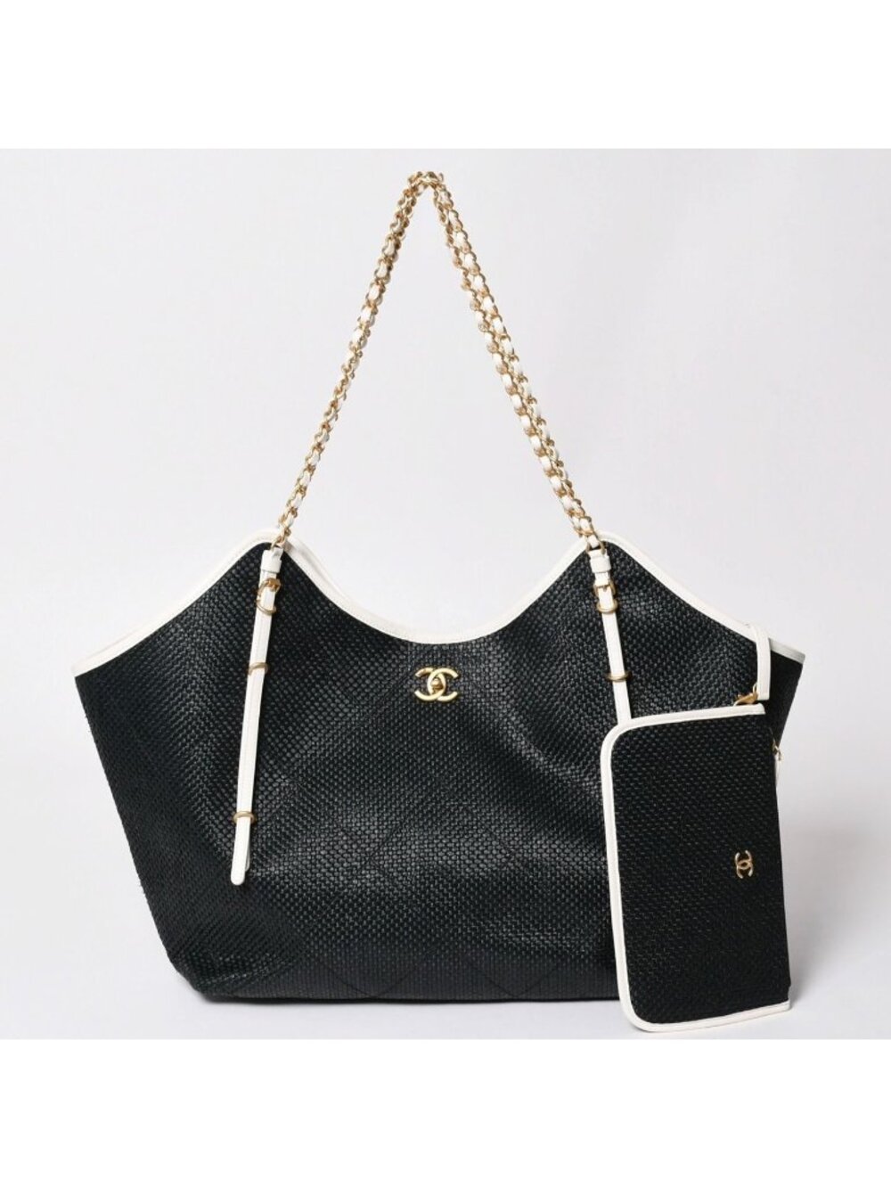 Chanel Maxi Shopping Bag Braided Raffia Effect Canvas CC Logo Gold Base